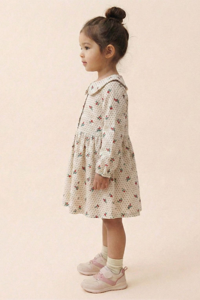 Spunkies Girls White Collar Neck Corduroy Floral Print Dress