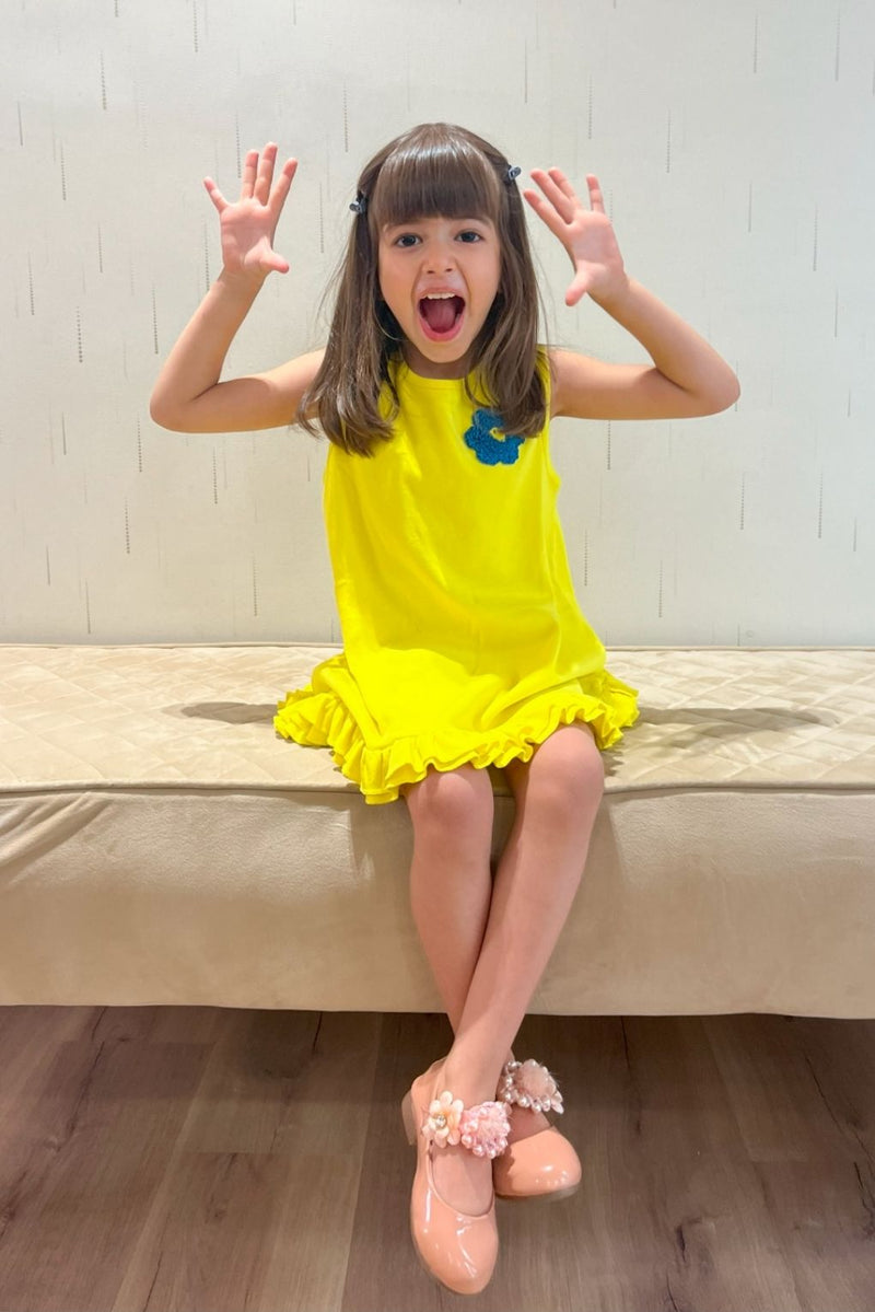 Lime Yellow Cotton Sleeveless Ruffle Hem Dress