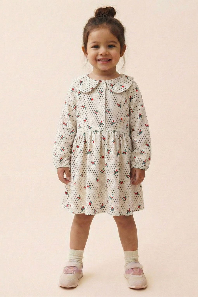 Spunkies Girls White Collar Neck Corduroy Floral Print Dress