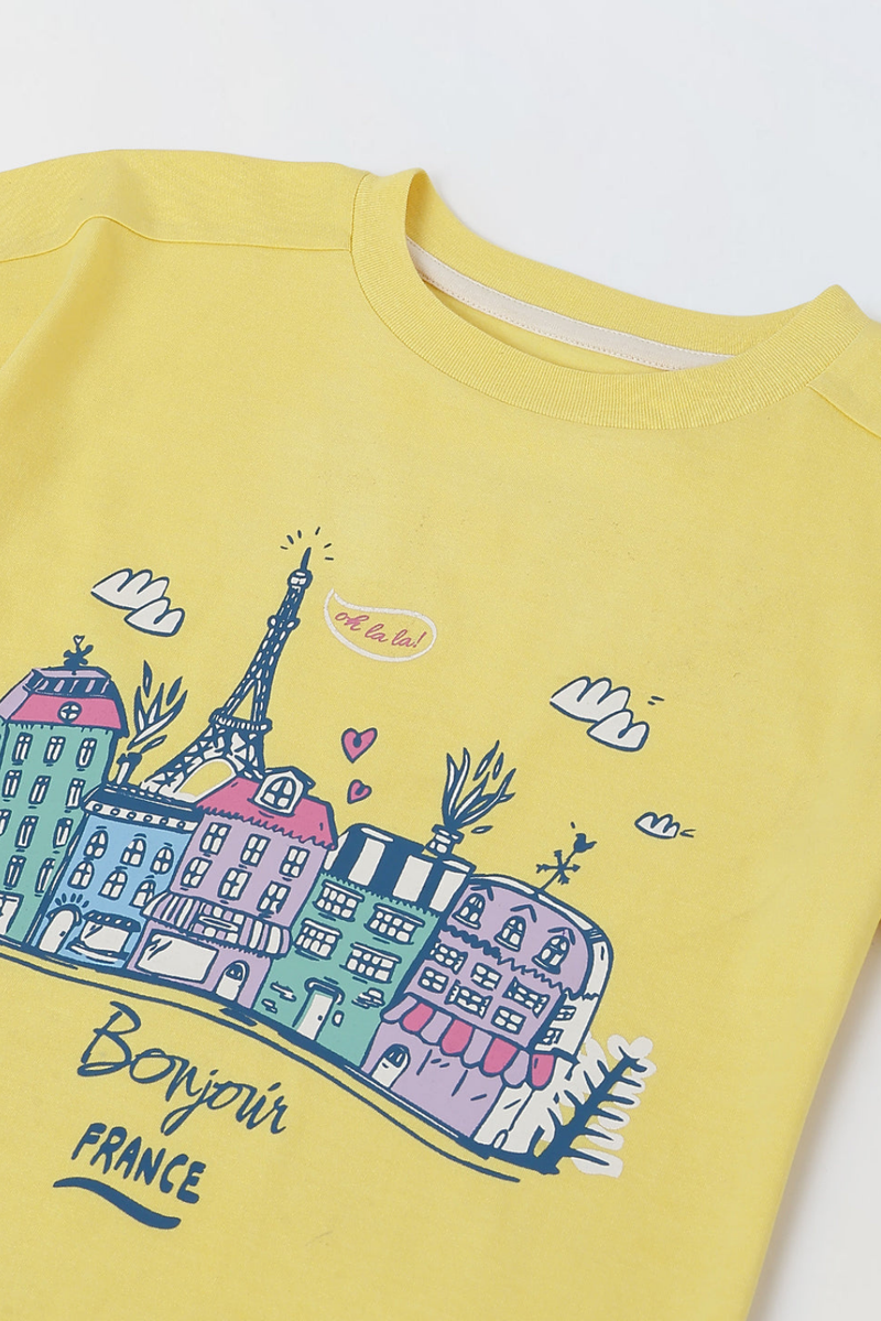 Spunkies Yellow Girls Graphic Print Round Neck Short Sleeves Top