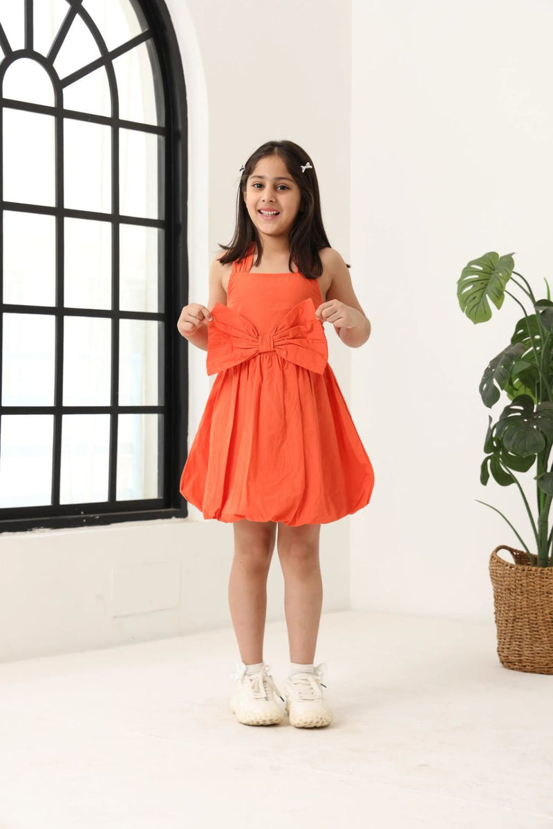 Spunkies Orange Girls Smocked Square Neck Sleeveless A-Line Dress