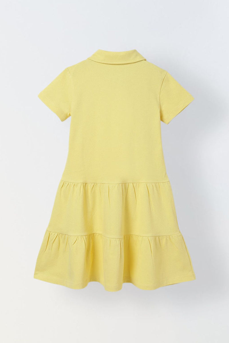 Spunkies Yellow Girls Solid Collared Short Sleeves Tiered Dress