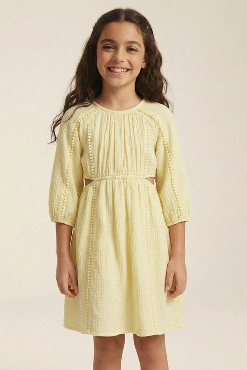 Spunkies Yellow Cotton Round Neck Solid Dress For Girls
