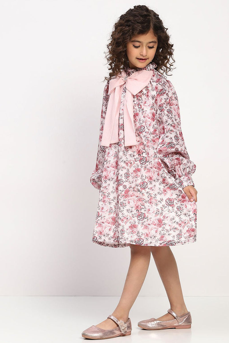 Spunkies Girls Rose Pink Floral Printed Bishop Sleeves Bow Dress