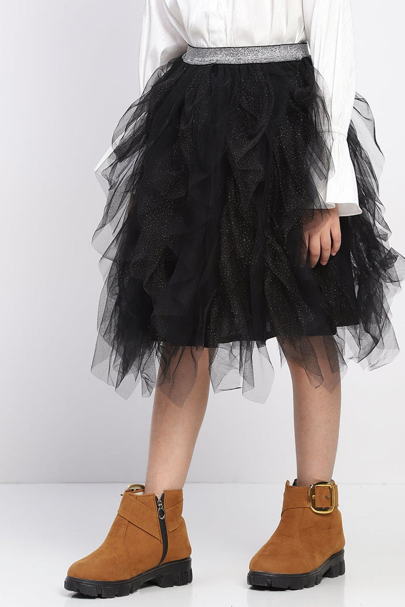 Girl's Black Layred Ruffled Tulle Skirt