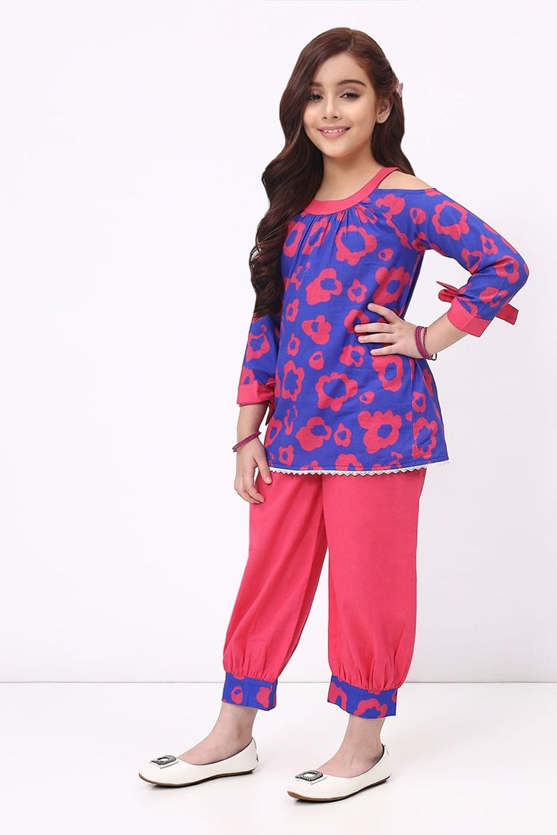 Spunkies Girls Cotton Linen Blue Printed Ethnic Co-ord Set