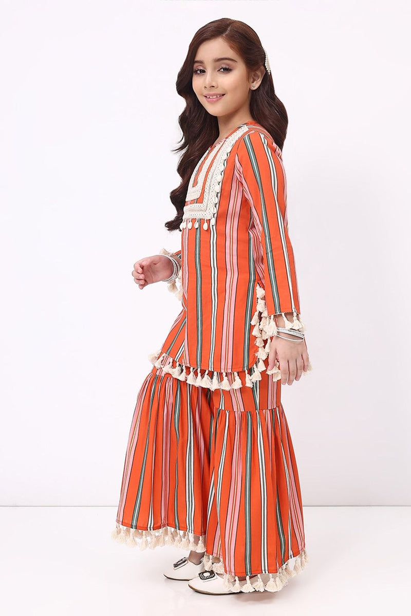 Spunkies Girls Orange Stripe Ethnic Kurti and Sharara Set