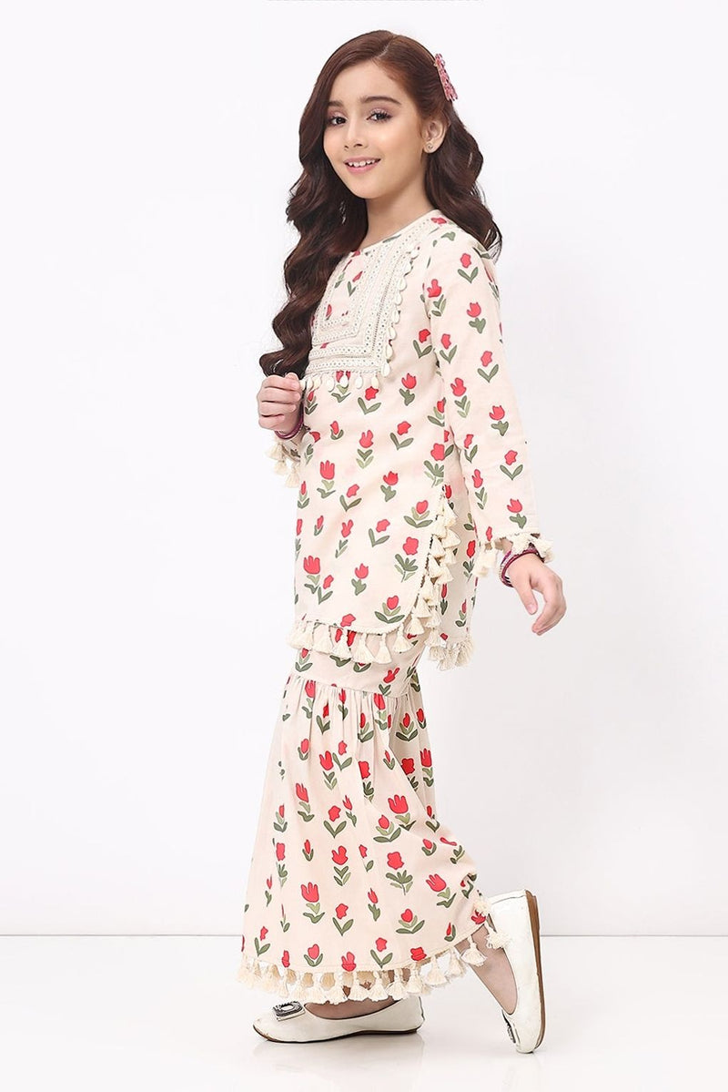 Spunkies Girls Off White Floral Print Ethnic Kurti and Sharara Set