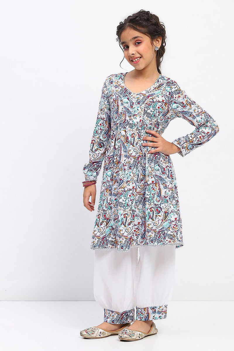 Spunkies Girls Full Sleeve Paisley Print Ethnic Kurta and Bottom Set
