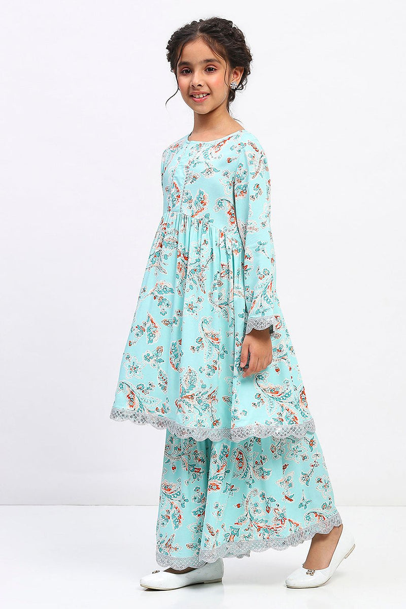 Spunkies Girls Floral Print Ethnic Tiered Kurta and Sharara Set