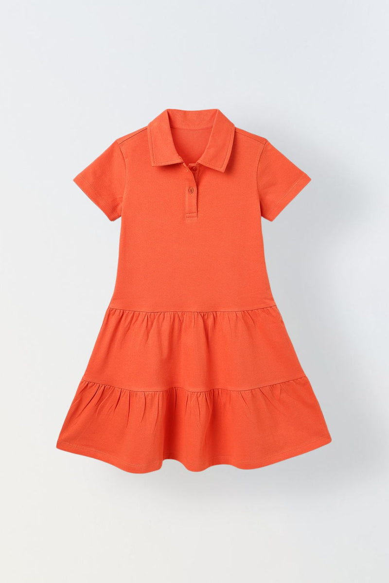 Spunkies Red Girls Solid Collared Short Sleeves Tiered Dress