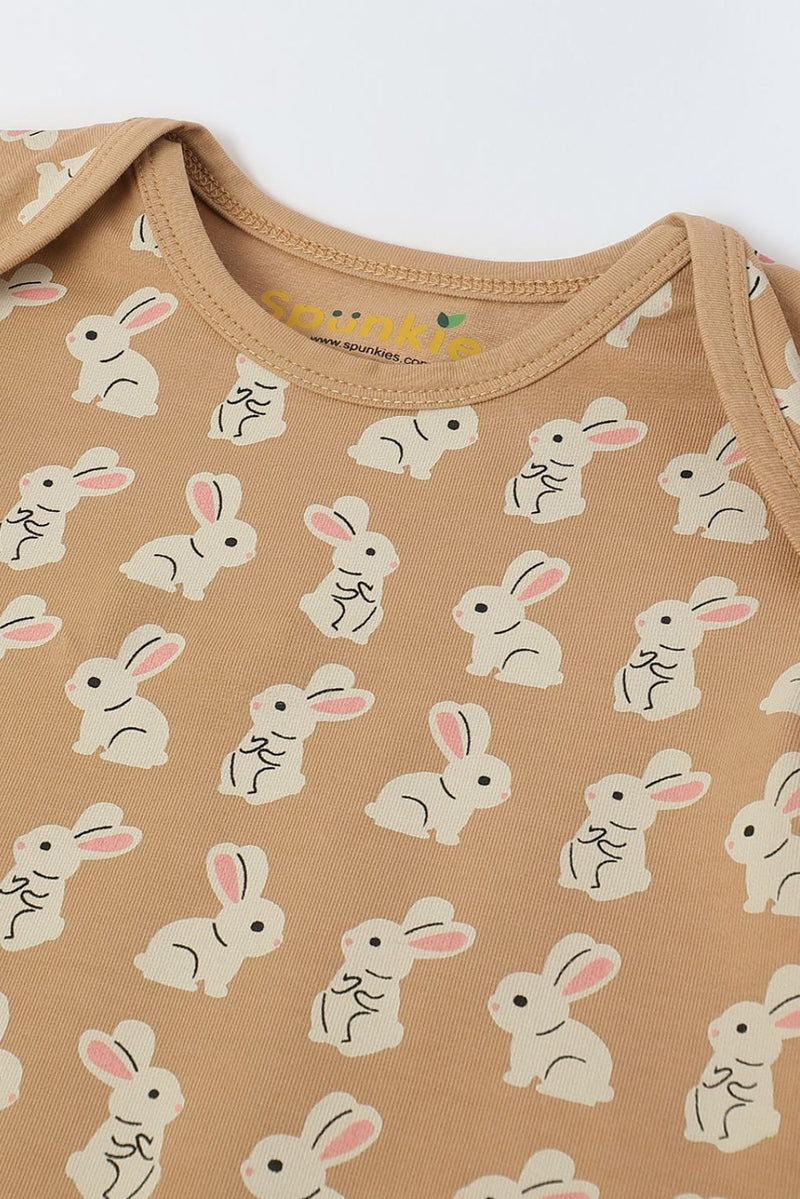 Infant Cotton Beige Full Sleeve Rabbit Print Romper