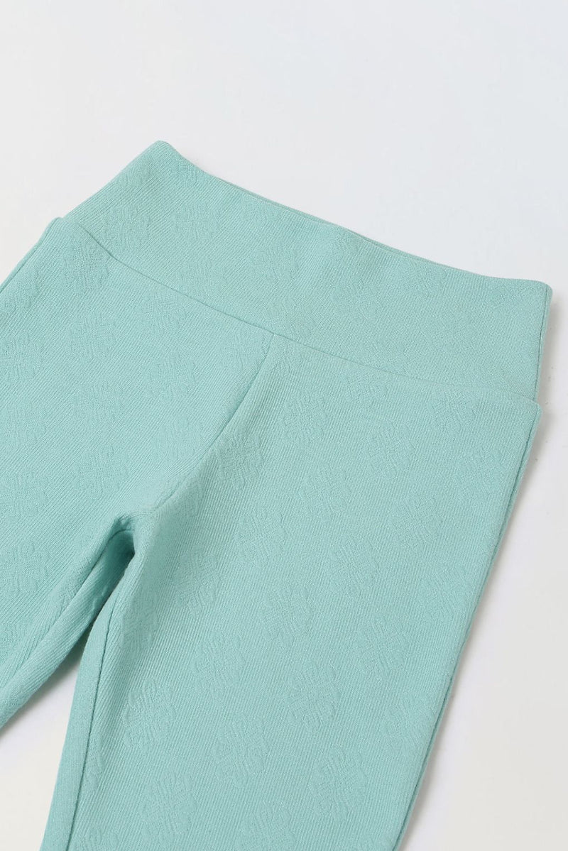 Spunkies Girls Light Green Textured Floral Elasticated Waist Flared Leggings