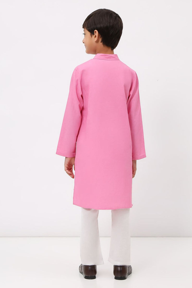 Spunkies Boys Cotton Linen Pink Embroidered Kurta Set