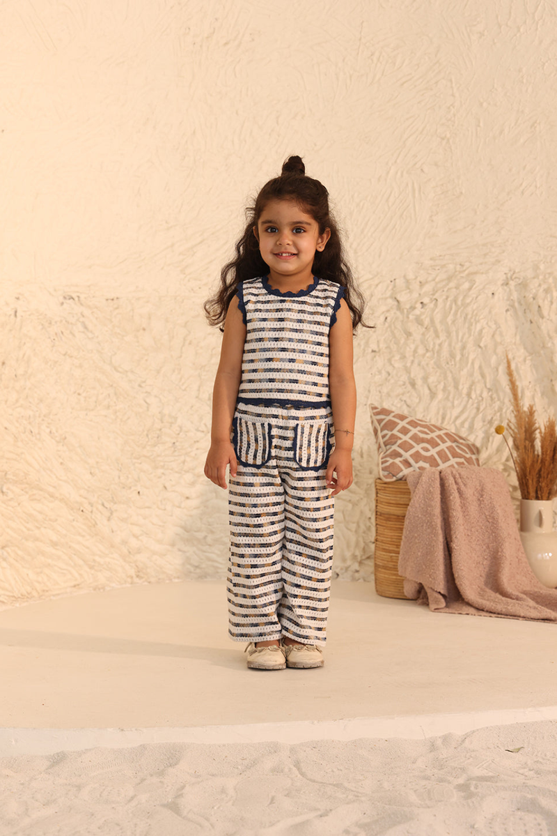 Spunkies Girls White Embroidered Round Neck Sleeveless Top and Trousers Set