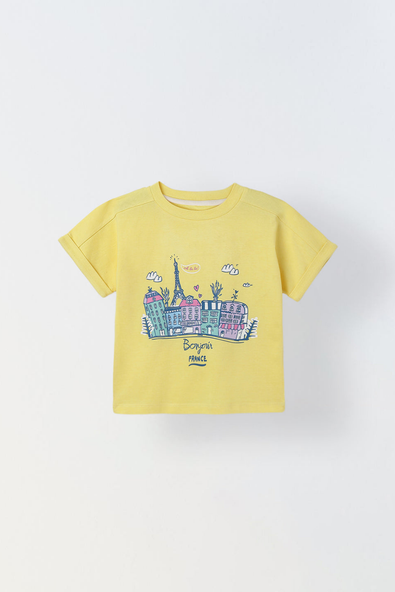 Spunkies Yellow Girls Graphic Print Round Neck Short Sleeves Top