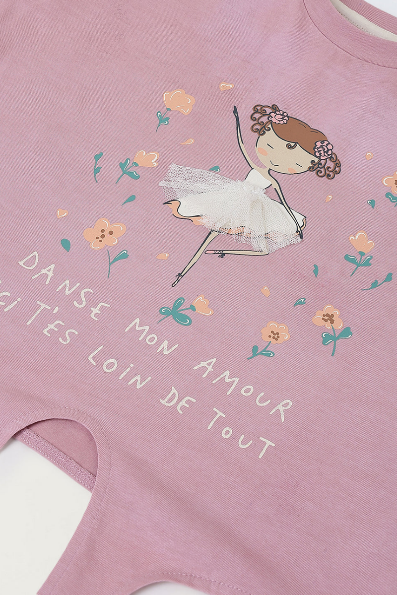 Spunkies Pink Girls Graphic Print Crew Neck Short Sleeves Knot Detailed Top