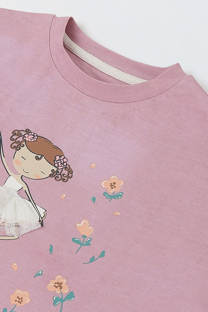 Spunkies Pink Girls Graphic Print Crew Neck Short Sleeves Knot Detailed Top