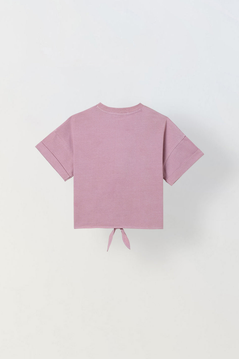 Spunkies Pink Girls Graphic Print Crew Neck Short Sleeves Knot Detailed Top