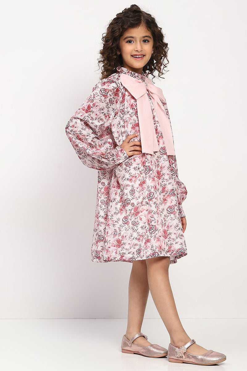 Spunkies Girls Rose Pink Floral Printed Bishop Sleeves Bow Dress