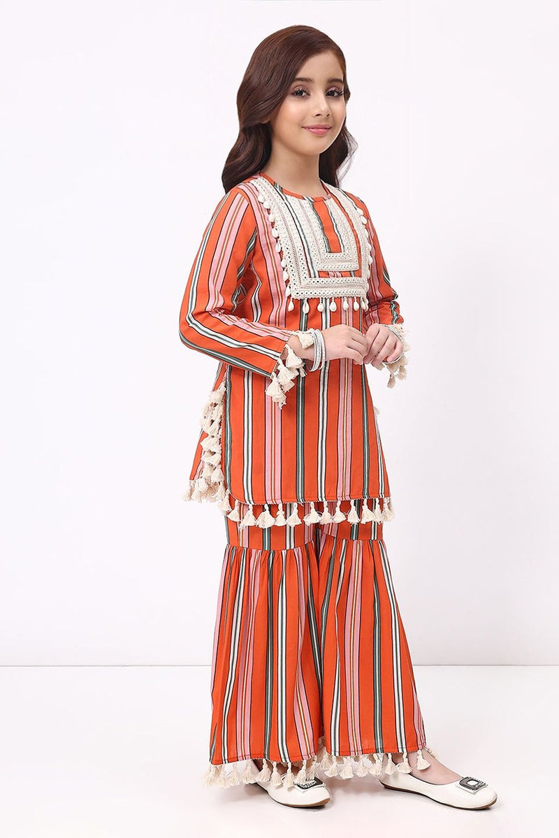 Spunkies Girls Orange Stripe Ethnic Kurti and Sharara Set