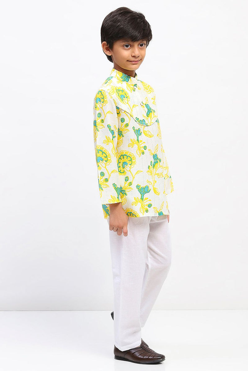 Spunkies Boys White Cotton Printed Ethnic Kurta Pajama Set