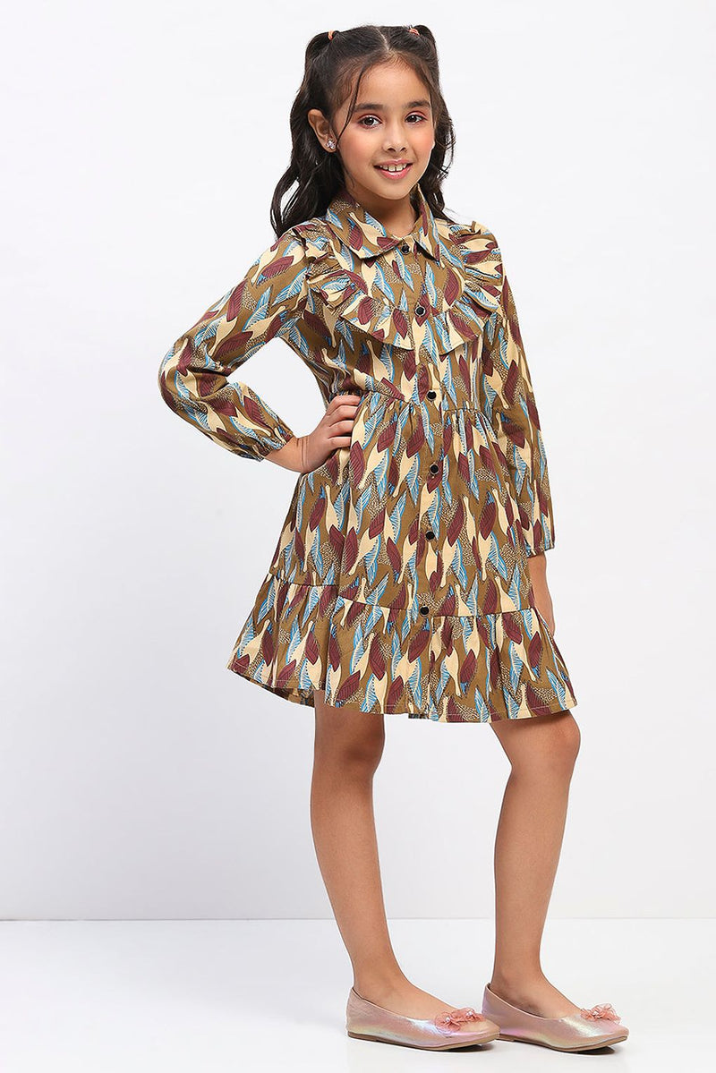 Spunkies Girls Brown Abstract Print Fit and Flare Dress