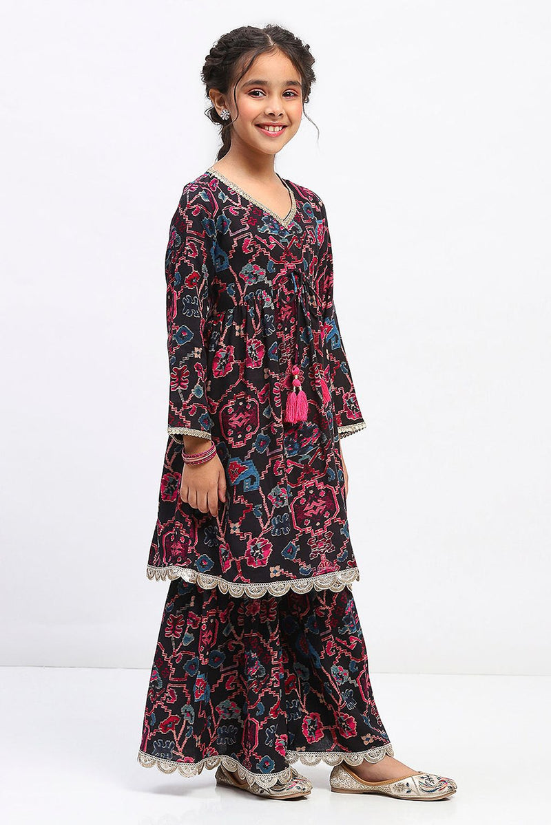 Spunkies Girls Floral Print Mulicolor Ethnic Tiered Kurta and Sharara Set