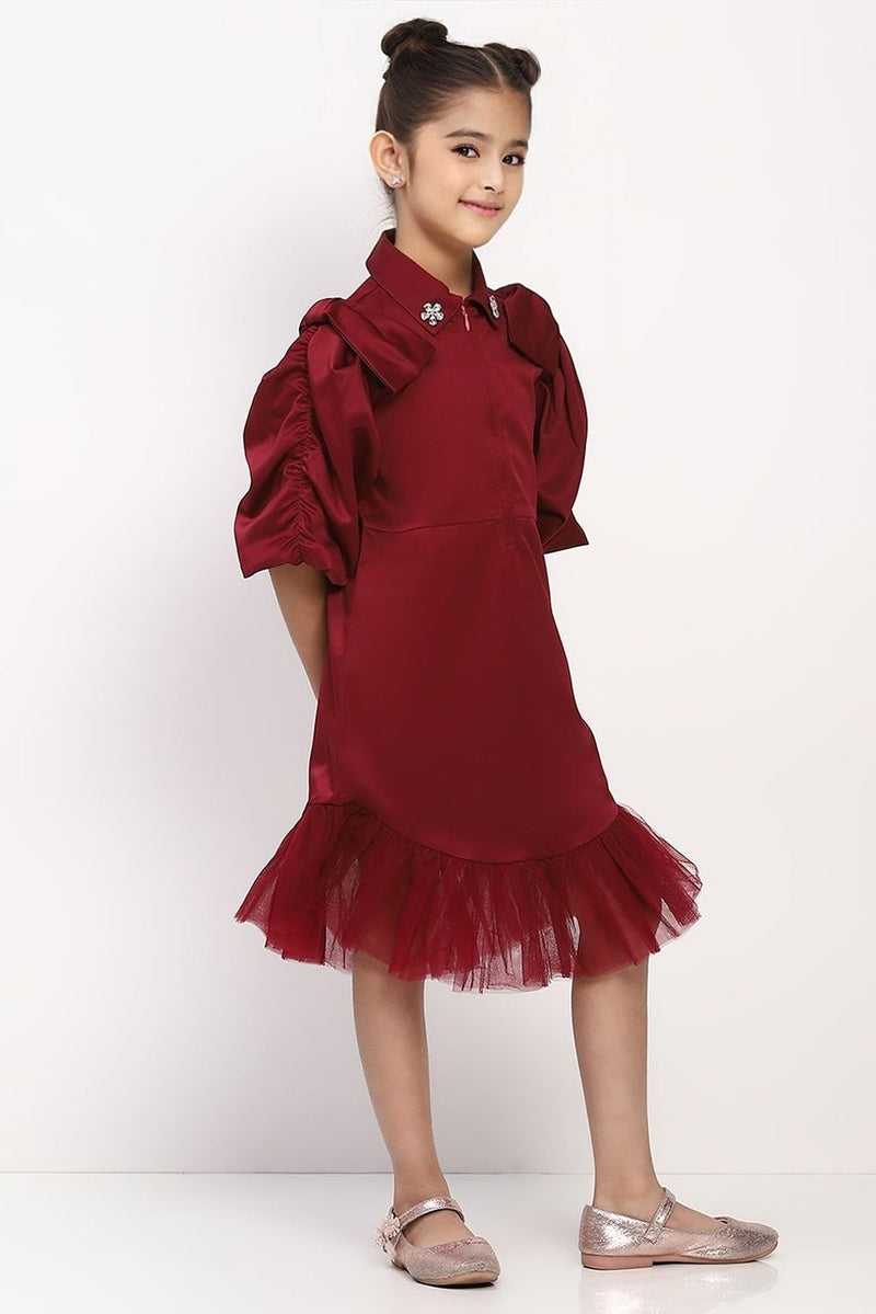 Spunkies Girl's Maroon Collared Pleated Tulle Cap Sleeve Dress