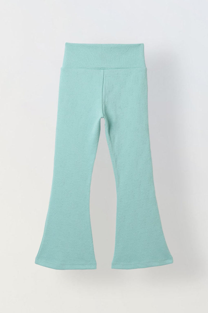 Spunkies Girls Light Green Textured Floral Elasticated Waist Flared Leggings