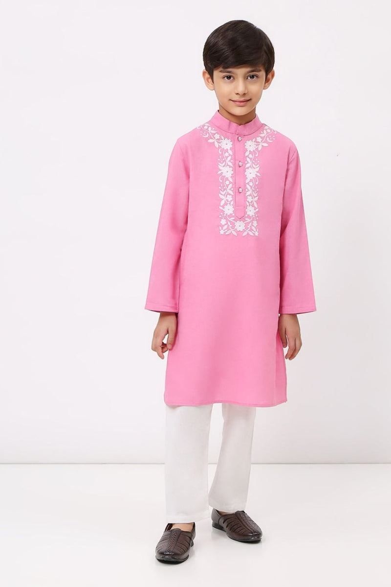 Spunkies Boys Cotton Linen Pink Embroidered Kurta Set
