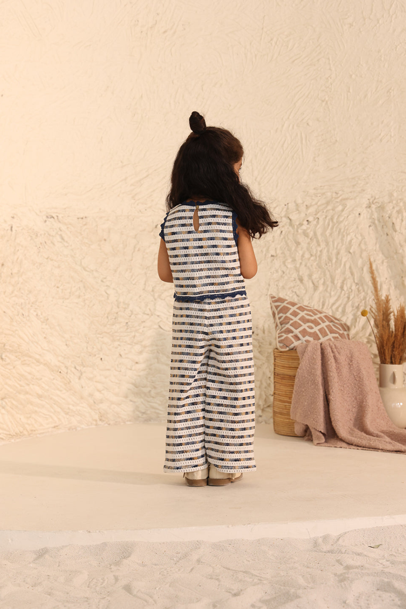 Spunkies Girls White Embroidered Round Neck Sleeveless Top and Trousers Set
