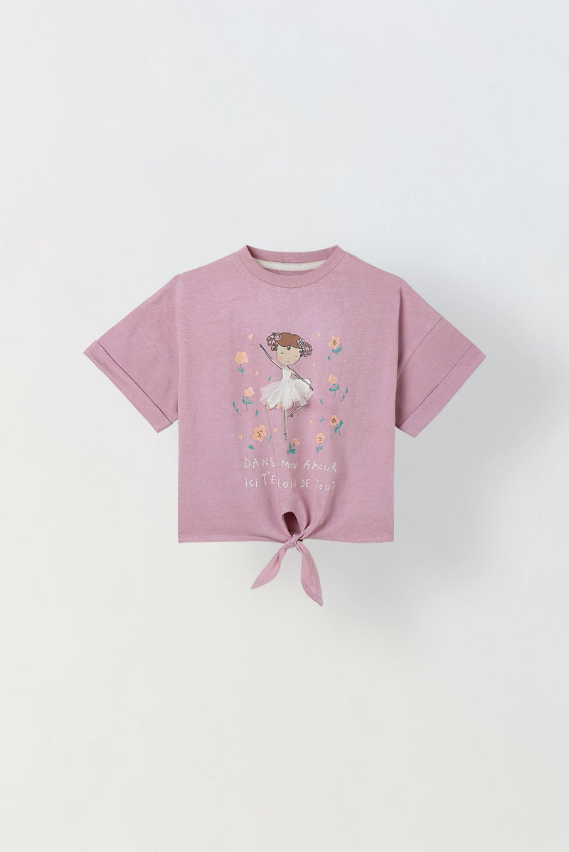 Spunkies Pink Girls Graphic Print Crew Neck Short Sleeves Knot Detailed Top