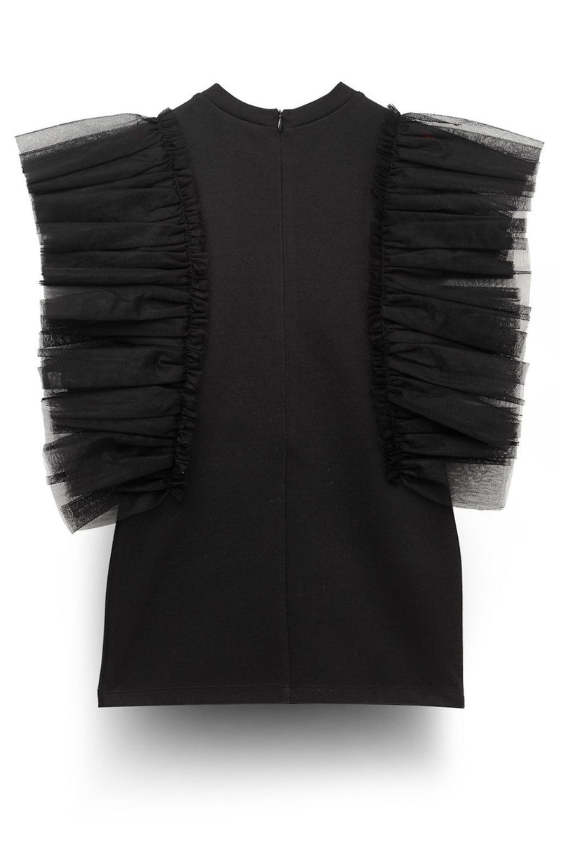 Girls Black Flutter Frill A-Line Top