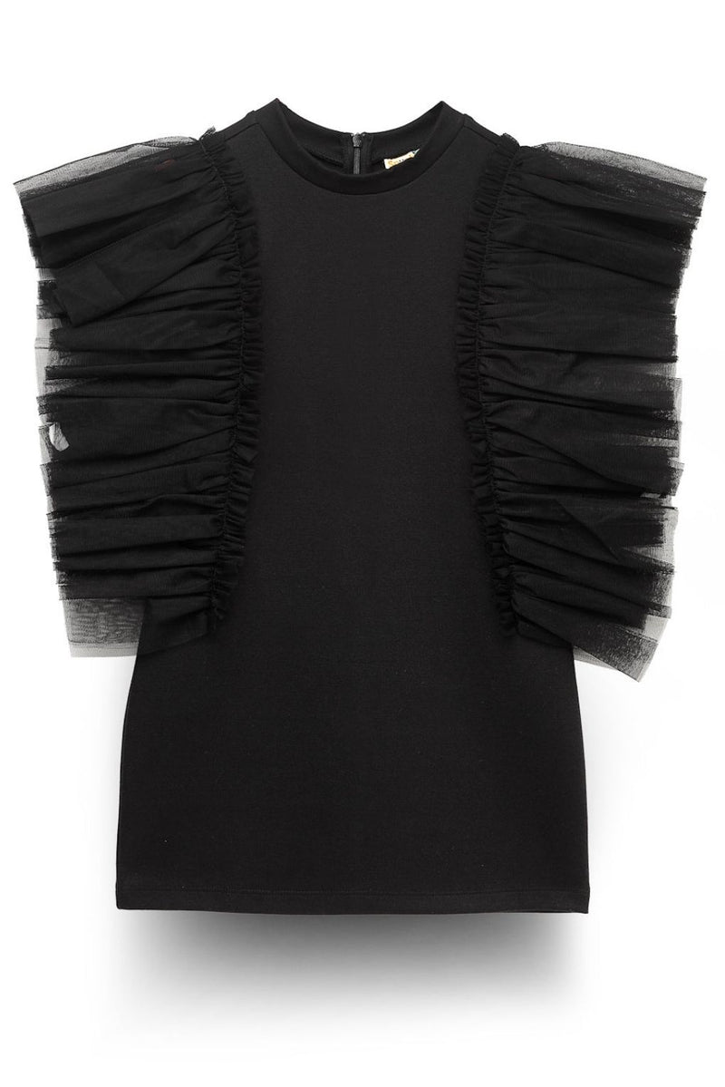 Girls Black Flutter Frill A-Line Top
