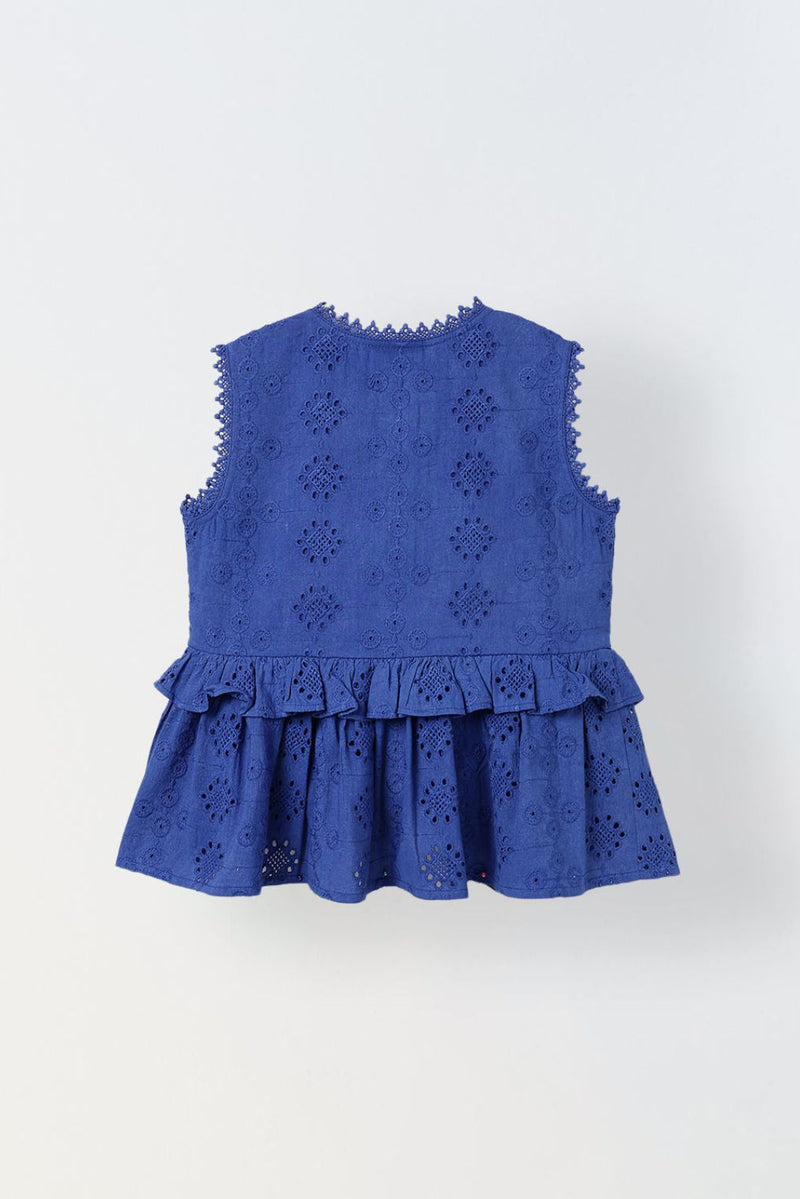 Spunkies Blue Girls Schiffli Embroidered Round Neck Sleeveless A-Line Dress