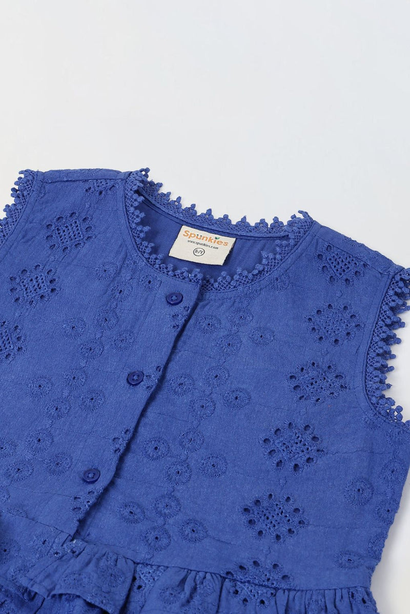 Spunkies Blue Girls Schiffli Embroidered Round Neck Sleeveless A-Line Dress