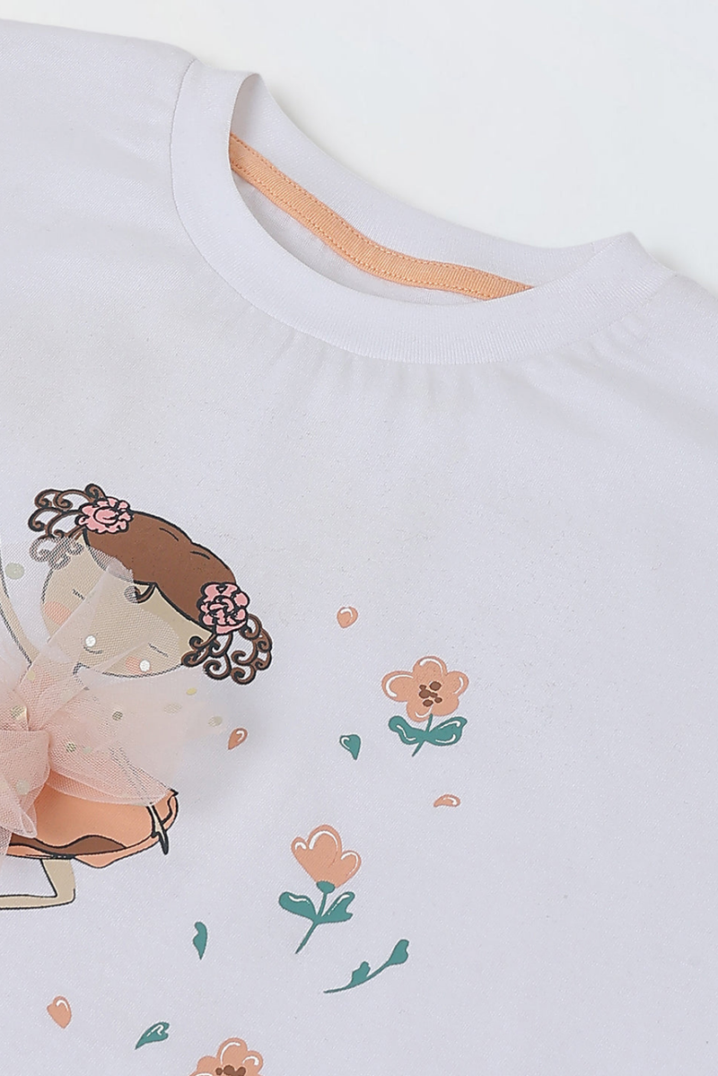 Spunkies White Girls Graphic Print Crew Neck Short Sleeves Knot Detailed Top