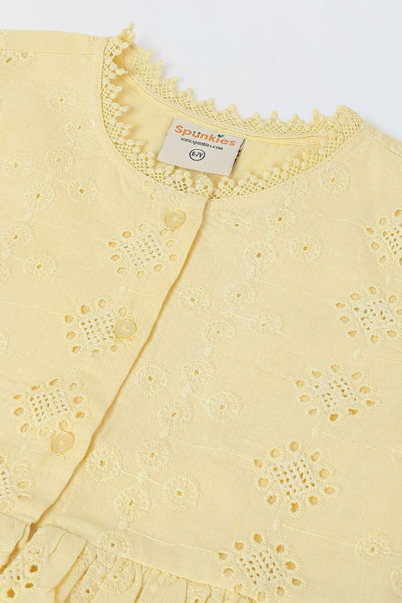 Spunkies Yellow Girls Schiffli Embroidered Round Neck Sleeveless A-Line Dress