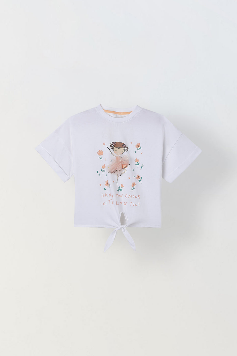 Spunkies White Girls Graphic Print Crew Neck Short Sleeves Knot Detailed Top