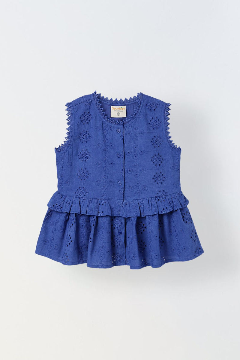 Spunkies Blue Girls Schiffli Embroidered Round Neck Sleeveless A-Line Dress