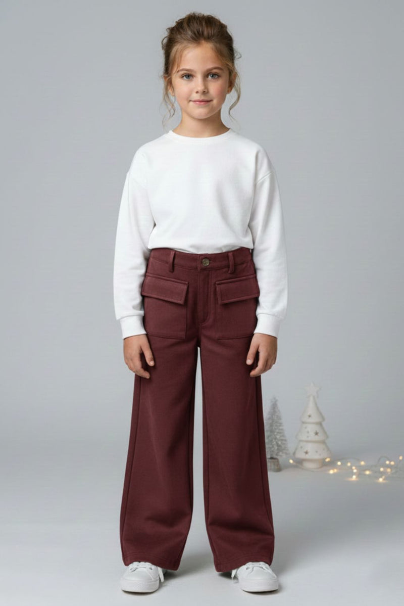 Spunkies Girls Maroon Suede Solid Wide-Leg Trousers