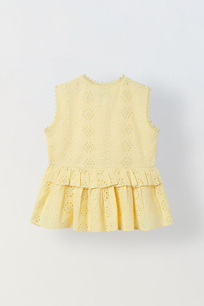 Spunkies Yellow Girls Schiffli Embroidered Round Neck Sleeveless A-Line Dress