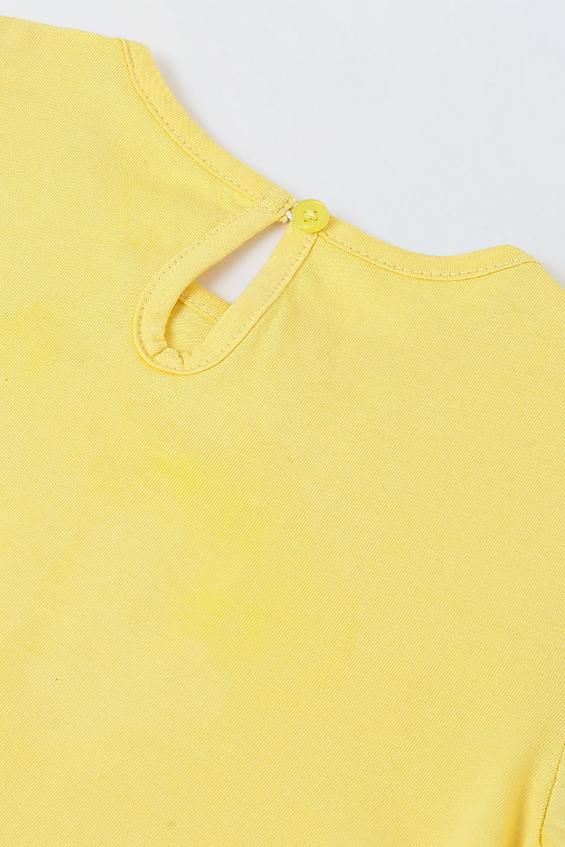 Spunkies Yellow Girls Solid Round Neck Ruffle Sleeves Top