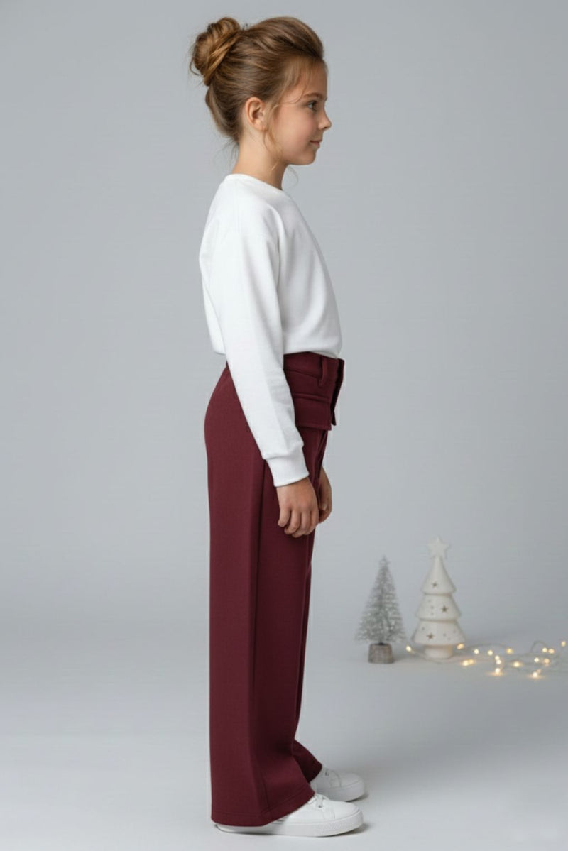 Spunkies Girls Maroon Suede Solid Wide-Leg Trousers