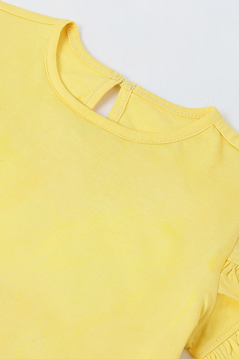 Spunkies Yellow Girls Solid Round Neck Ruffle Sleeves Top