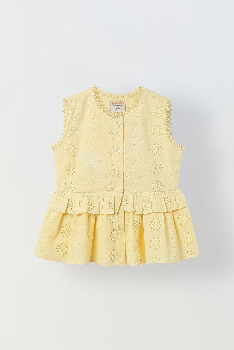 Spunkies Yellow Girls Schiffli Embroidered Round Neck Sleeveless A-Line Dress