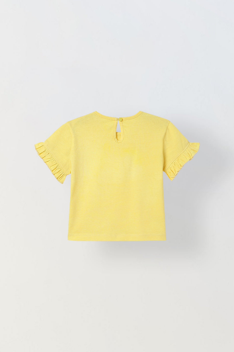 Spunkies Yellow Girls Solid Round Neck Ruffle Sleeves Top