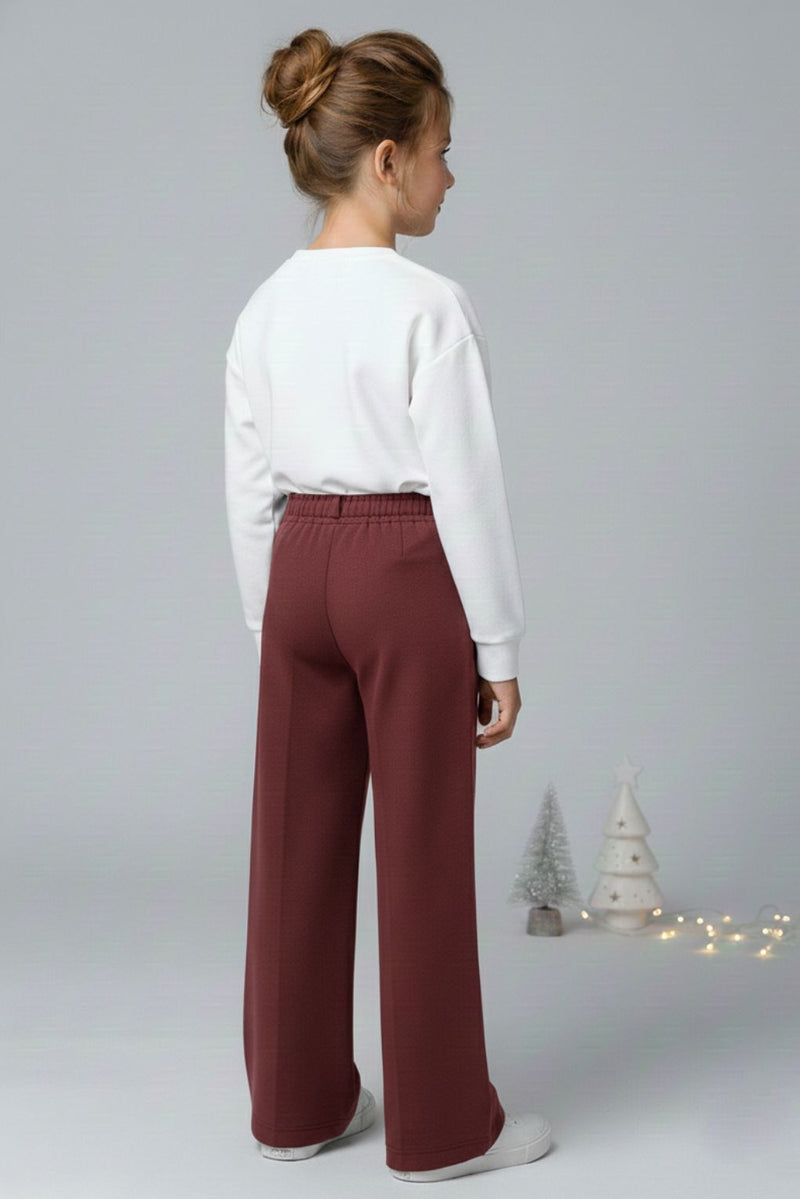 Spunkies Girls Maroon Suede Solid Wide-Leg Trousers