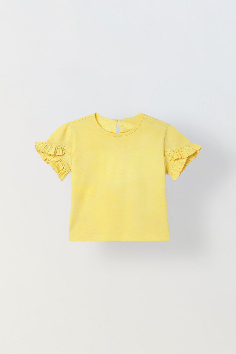 Spunkies Yellow Girls Solid Round Neck Ruffle Sleeves Top